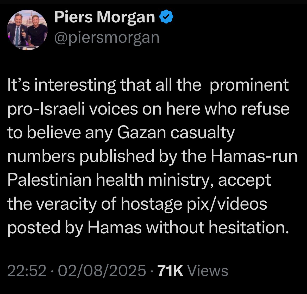 And the winner of the single dumbest post of all time goes to… <a href="/piersmorgan/">Piers Morgan</a> <a href="/PiersUncensored/">Piers Morgan Uncensored</a> 

How fucking retarded must you be to compare a video and images you can see with your own fucking eyes to the word of a lying manipulative narcissistic terrorist group that murders its