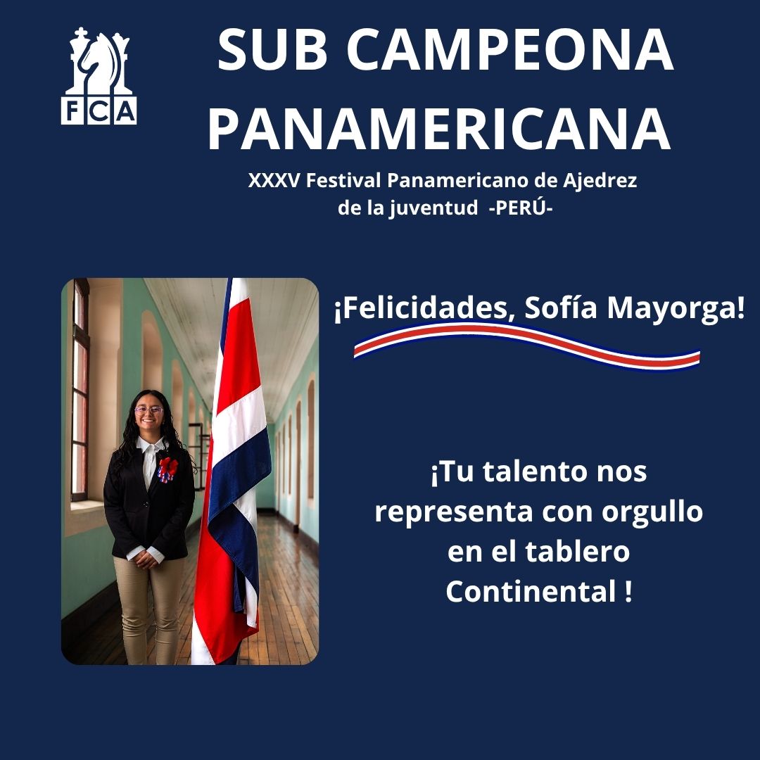 🇨🇷✨ ¡Costa Rica brilla en el Panamericano de la Juventud! 🇵🇪♟🇨🇷
Tres banderas ticas ondean entre los primeros 10 puestos en la categoría Sub-16 femenino, demostrando talento, disciplina y pasión por el ajedrez.
🥈 Sofía Mayorga se corona como SUBCAMPEONA PANAMERICANA
🎖