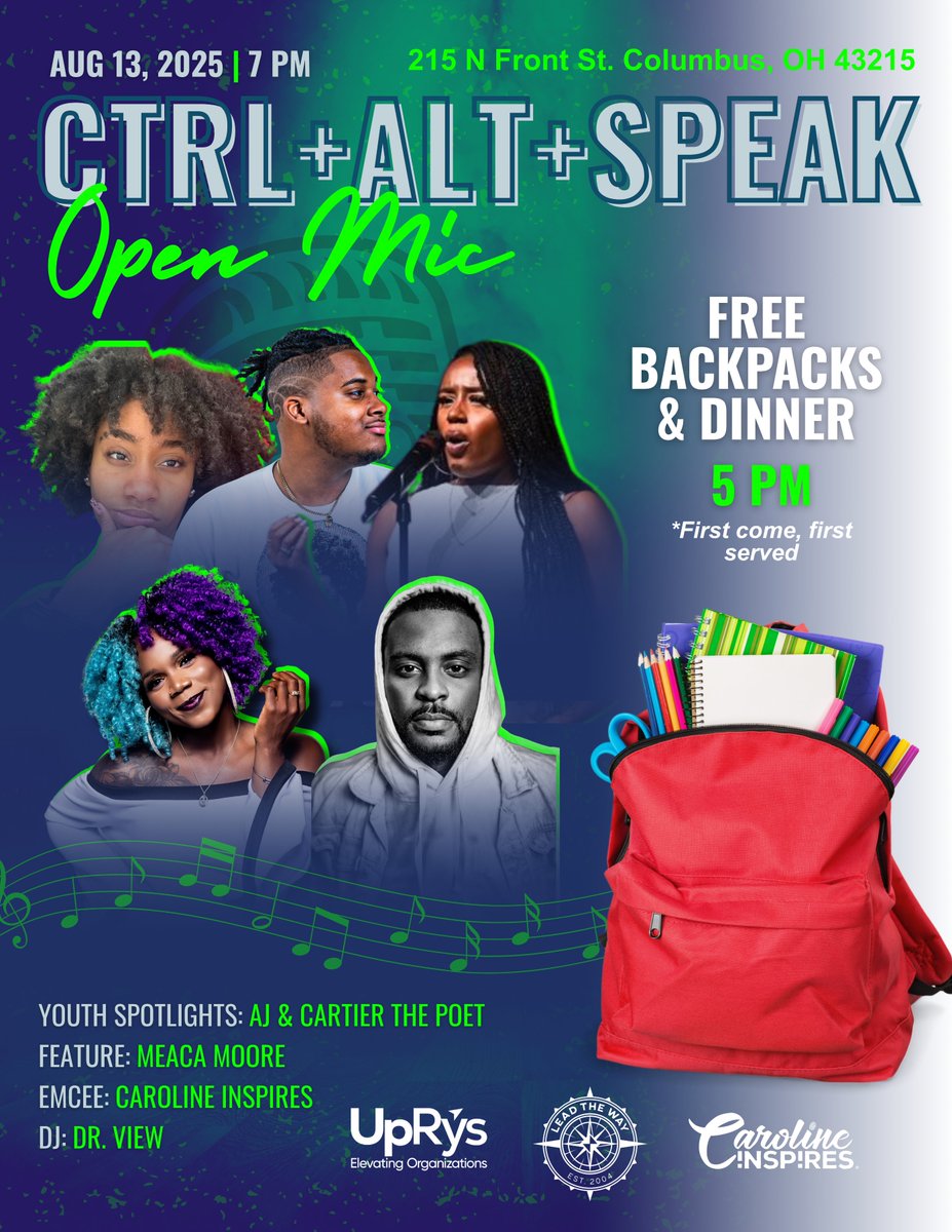 👋 Calling all teen poets, storytellers, spoken word artists, &amp; singers/rappers! Check out the free CTRL + ALT + SPEAK Open Mic happening on Aug 13 at 7 pm at 215 N Front St, presented by Lead The Way &amp; Caroline Inspires. 🎤

No registration required, just sign up at the door.