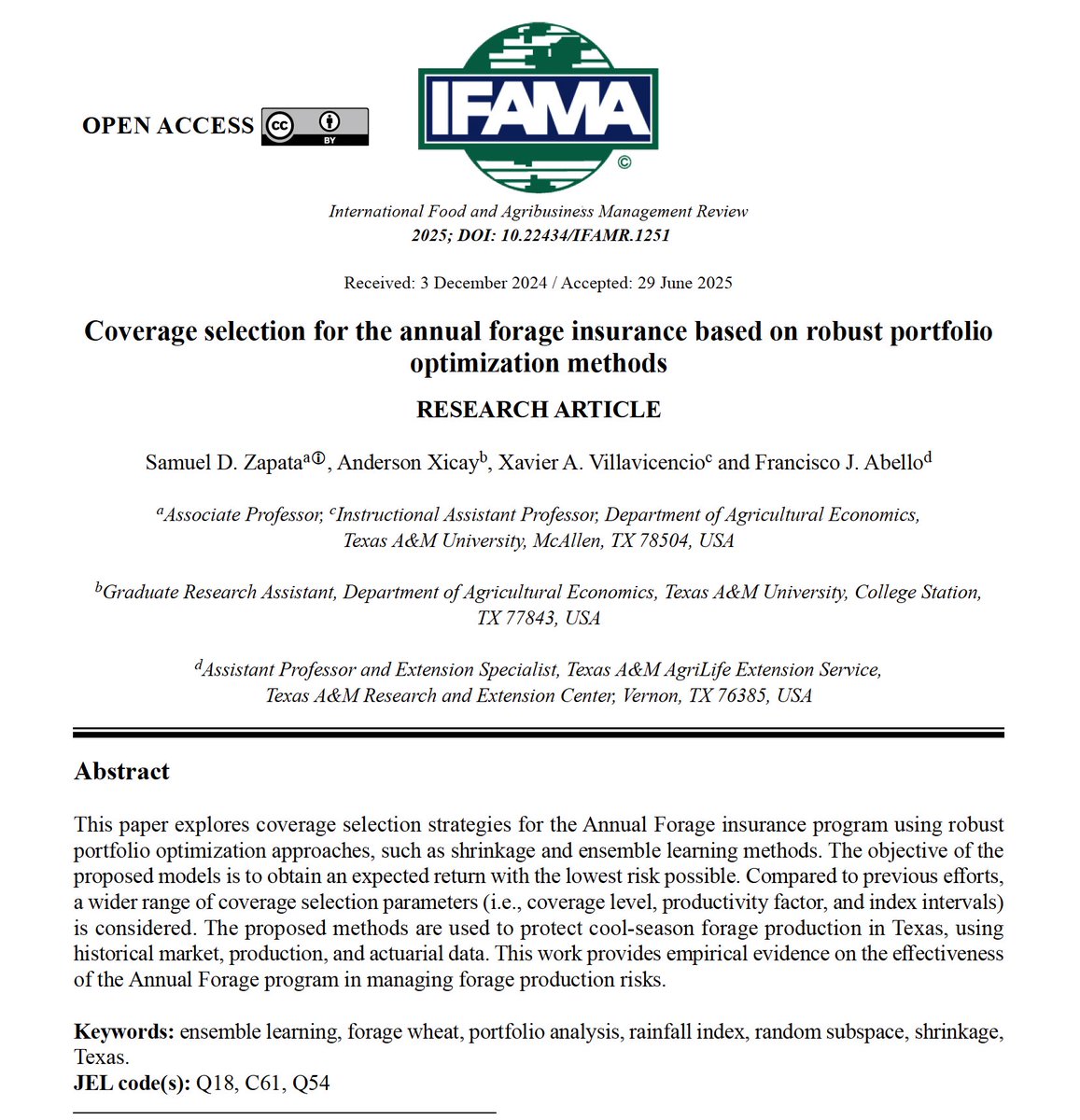 In our new IFAMR article, we evaluated different coverage selection strategies for the Annual Forage insurance program based on statistical learning methods. <a href="/Estuardo215/">Estuardo21</a> <a href="/X_Villavicencio/">Xavier A. Villavicencio</a> <a href="/ageconomics/">Texas A&M Department of Agricultural Economics</a> @IfamaIntl
doi.org/10.22434/ifamr…