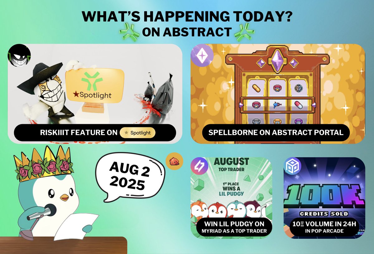 sillybilly ✳️🦇🔊 (@sillyybillyyyyy) on Twitter photo Interesting thing within the ecosystem✳️
summarized it daily just for you
<a href="/riskiiit/">riskiiit</a> feature on Spotlight Apps✨
<a href="/spellbornegame/">Spellborne</a> is live on Abstract Portal
<a href="/MyriadMarkets/">MYRIAD</a> top trader win Lil Pudgy
<a href="/ProofOfPlay/">Proof of Play</a> arcade day 1 with 10Ξ sale
Running in detail? explained🧵🔽 Interesting thing within the ecosystem✳️
summarized it daily just for you
<a href="/riskiiit/">riskiiit</a> feature on Spotlight Apps✨
<a href="/spellbornegame/">Spellborne</a> is live on Abstract Portal
<a href="/MyriadMarkets/">MYRIAD</a> top trader win Lil Pudgy
<a href="/ProofOfPlay/">Proof of Play</a> arcade day 1 with 10Ξ sale
Running in detail? explained🧵🔽