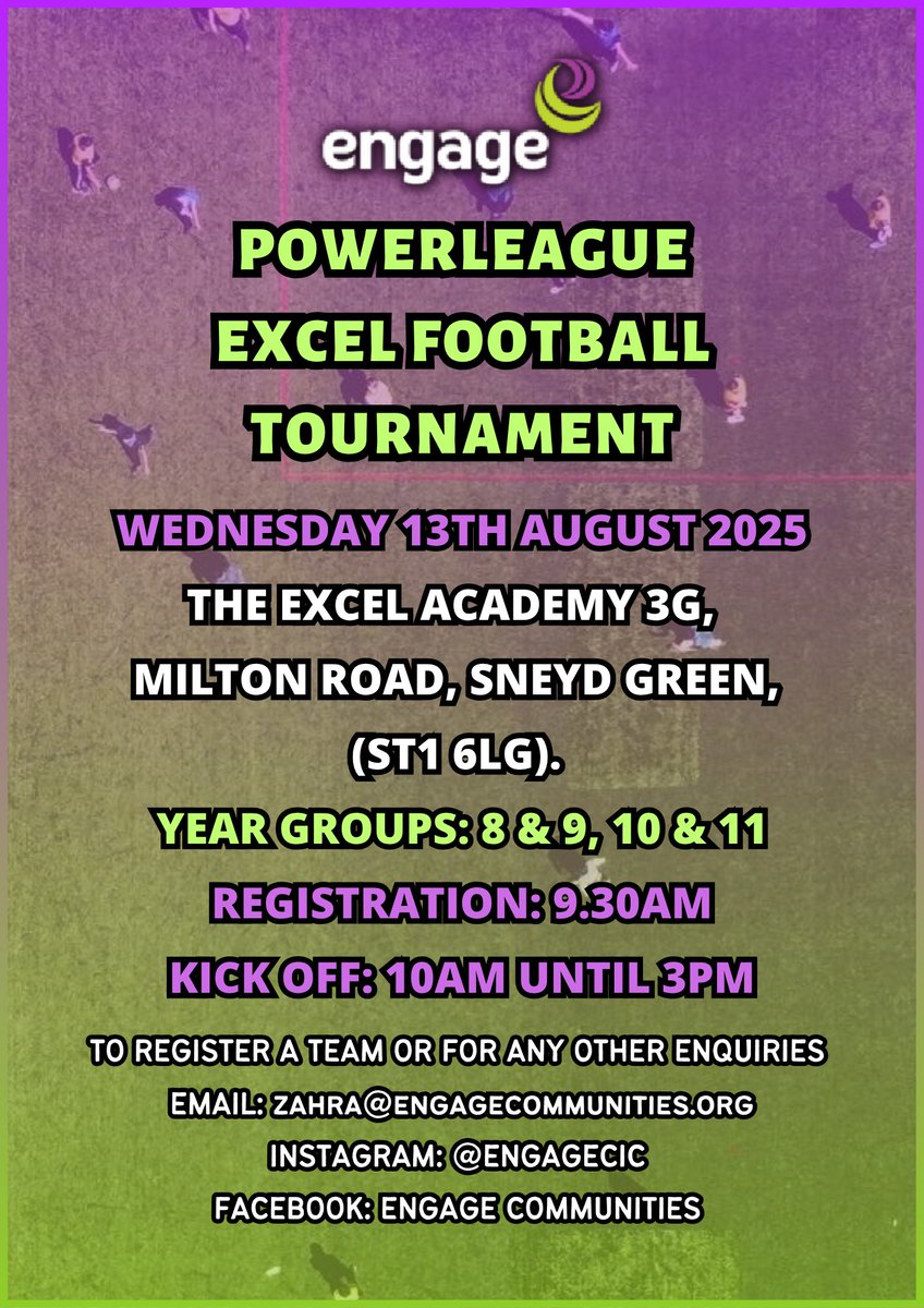 ⚽️ Our Annual Summer Football Tournament Is Here! ⚽️

⚽️ Wednesday 13th August
⚽️ Powerleague Excel
⚽️ Y8 &amp; 9 and Y10 &amp; 11 Age Groups
⚽️ FREE
⚽️ Message us now to register your team, spaces are limited.