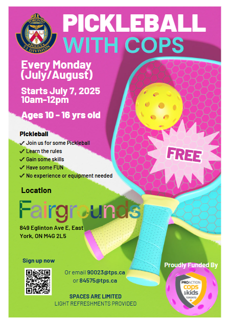 Kids aged 10–16 can play free pickleball with officers from <a href="/TPS53Div/">53 Division</a> this summer. 

Be sure to sign up, as space is limited!

More details on the poster below! 👇