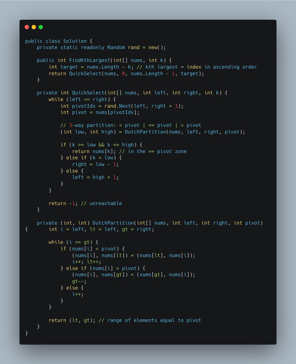 hackp0int1980's tweet image. Why to hell we need to use QuickSelect + Random Pivot + Dutch Partition?
To solve: Leetcode question: 215 Kth Largest Element in an Array
#LeetCode
#Algorithms
#QuickSelect
#Heap
#DutchPartition
#HardProblemsInDisguise
#DataStructures
#StopCallingThisMedium
#AlgorithmOptimization