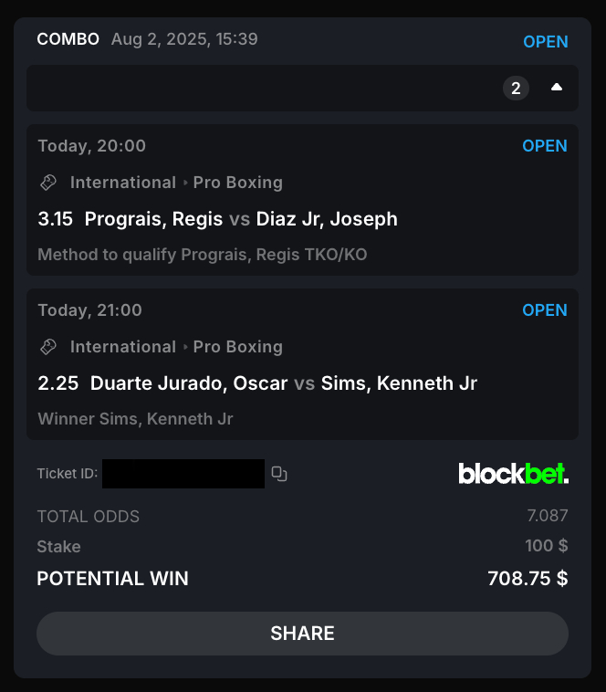 Dead weekend for fights but locking in a 2-leg $BLOCK parlay on tonight's Boxing 🥊

-Regis Prograis to stop Jojo Diaz
-Sims Jr. to beat Oscar Duarte

$200 in $BLOCK to one person who RTs and drops their BlockBet username below if this hits 💰