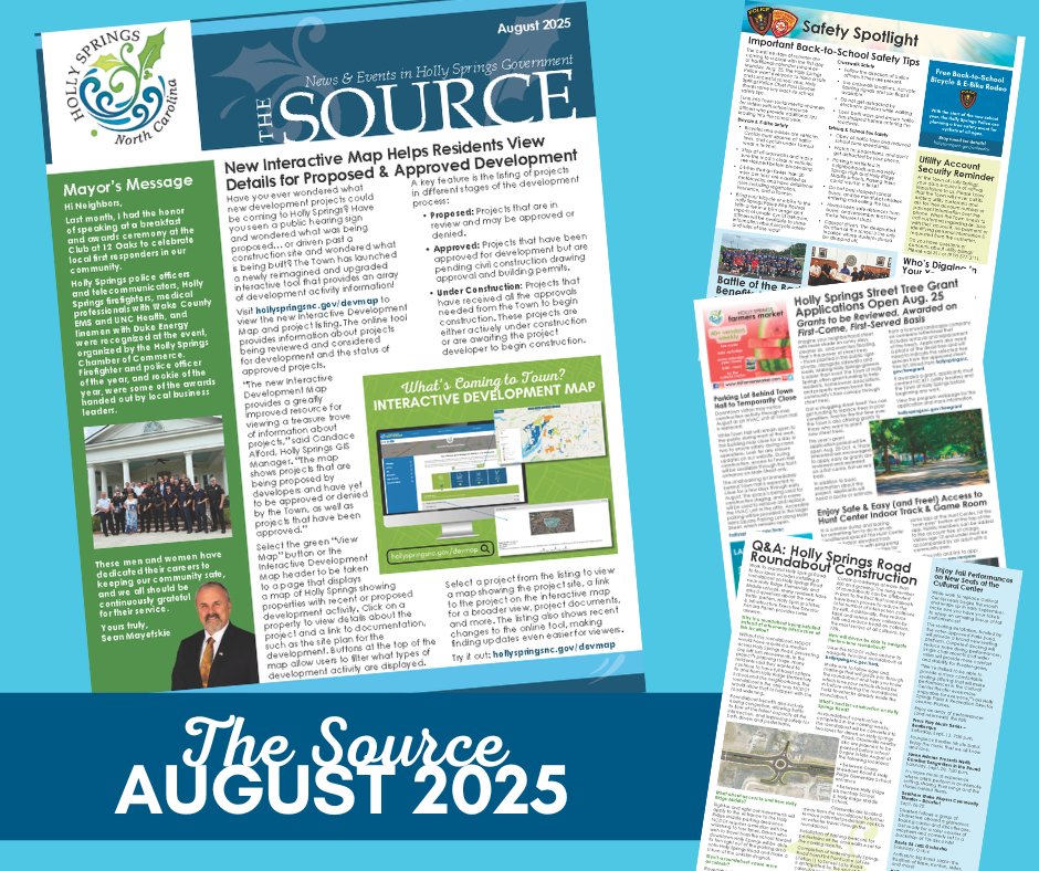 Town of Holly Springs, NC (@tohollysprings) on Twitter photo Hot off the presses, it's the August edition of The Source! 📰 Street Tree Grant Applications, Fall Performances at the Cultural Center, Back to School Safety tips and more! Check it out online ➡️ hollyspringsnc.gov/newsletter Hot off the presses, it's the August edition of The Source! 📰 Street Tree Grant Applications, Fall Performances at the Cultural Center, Back to School Safety tips and more! Check it out online ➡️ hollyspringsnc.gov/newsletter