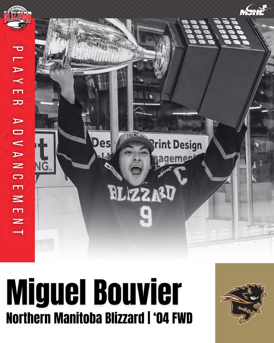 #PlayerAdvancement | Congratulations to <a href="/NorManBlizzJrA/">Northern Manitoba Blizzard Jr A</a> FWD Miguel Bouvier (‘04) who has committed to play <a href="/USPORTS_Hockey/">U SPORTS Hockey</a> at <a href="/umbisons/">Manitoba Bisons 🦬</a>.

#MJHLHockey #PlayHereGoAnywhere