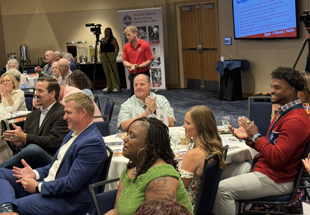 A proud day in the Capital city as recent inductee Mark Mangino was recognized by the <a href="/kshof/">KS Sports HoF</a>.

Coach Mangino praised his former players including Darrell Stuckey, Derek Fine and Micah Brown (all in attendance) and talked about his teams’ role in paving the way for KU’s current