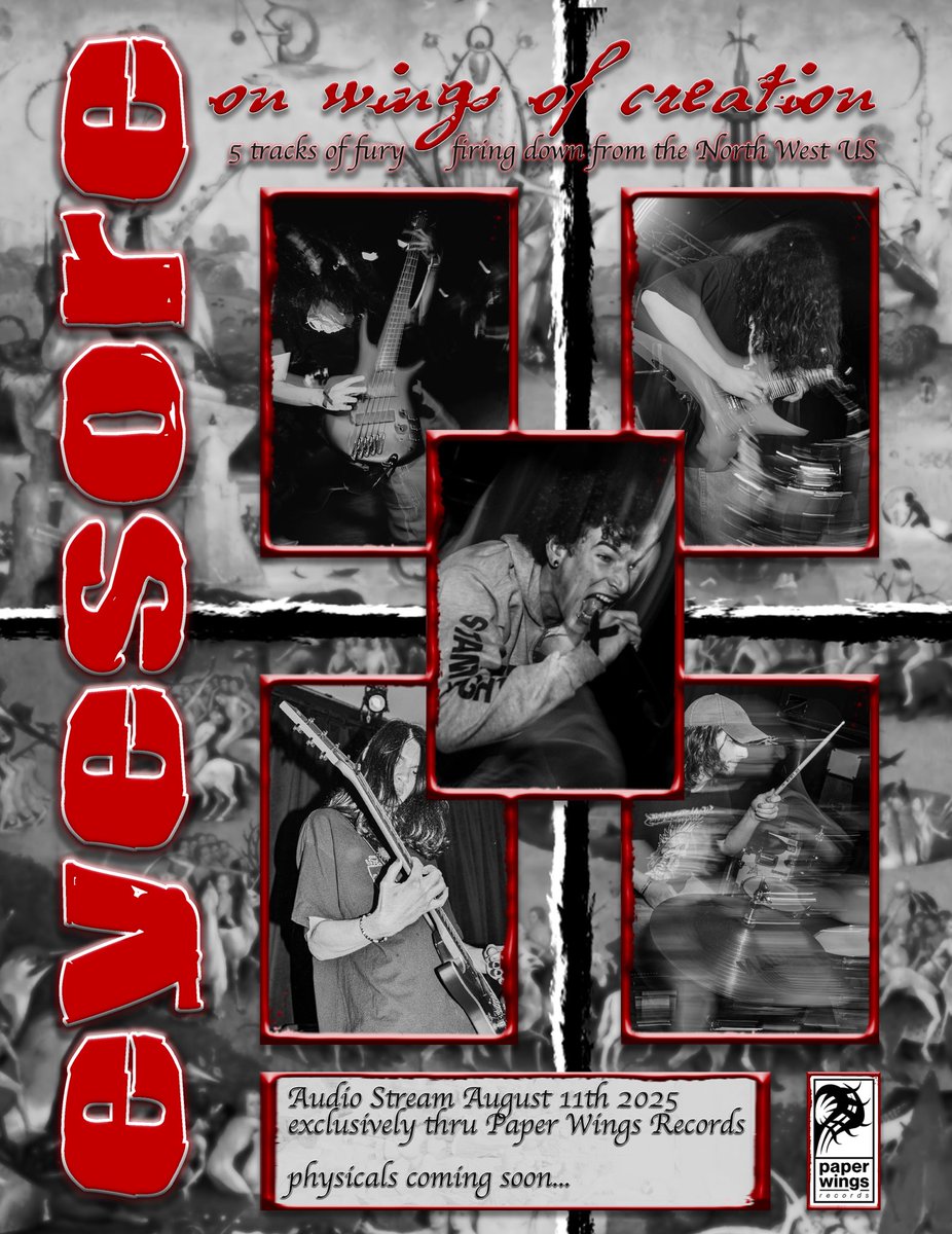 Firing down from the North West US, EYESORE to release their debut EP ‘On Wings of Creation” August 11th 2025 exclusively through Paper Wings Records. 

Physicals to come soon after…