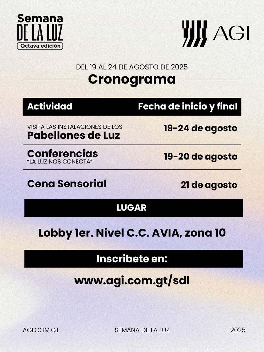 Nos estamos preparando para vivir la experiencia más luminosa del año. 

Del 19 al 24 de agosto acompáñanos en la #SemanaDeLaLuz2025 junto a AGI

Inscripción 

agi.com.gt/sdl

#Culturadelaluz #SemanaDeLaLuz2025 #LaLuzNosConecta #AGIgt