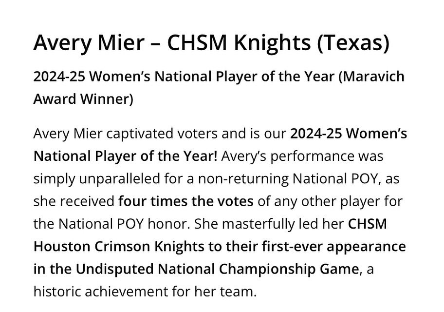 Avery Mier (@mieravery3) on Twitter photo I am extremely grateful to all the people who have helped me get to where I am today, and thank you so much to all who voted. Words cant describe how much I appreciate it all.
<a href="/thshoopz/">THS</a> <a href="/teamtexasbball/">Team Texas Basketball</a> <a href="/CHSMHouston/">CHSM Crimson Knights</a> I am extremely grateful to all the people who have helped me get to where I am today, and thank you so much to all who voted. Words cant describe how much I appreciate it all.
<a href="/thshoopz/">THS</a> <a href="/teamtexasbball/">Team Texas Basketball</a> <a href="/CHSMHouston/">CHSM Crimson Knights</a>