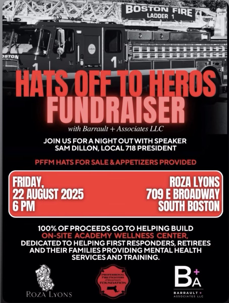 On-Site Academy has been instrumental in supporting mental health services for Firefighters &amp; our families. 
We’re hitting <a href="/RozaLyonsSB/">Roza Lyons</a> for a night out to show our support and raise money for On Site and all that they do. 
We’ll see you there. 
<a href="/BarraultLaw/">Barrault and Associates</a> 
<a href="/THE_PFFM/">Fire Fighters of MA</a>