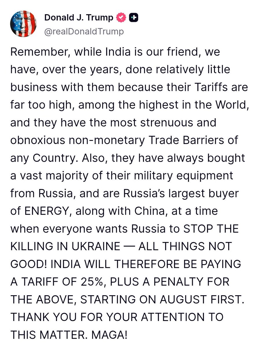 KirkLubimov's tweet photo. I've said it before, and I'll say it again;

The biggest problem with Donald Trump's tariff approach is that it has zero consideration to geopolitical strategy.

Trump is now picking a fight with India, one of the fastest growing economies in the world whose Prime Minister, Modi, is probably the most universally respected and has influence in many key countries.

The name of the game is to weaken China's and BRICS dominance and growth, which India is a part of and could be a natural country to move production to from China. America isn't going to manufacture 50 cent toothbrushes.

Instead of using a hammer and nail approach with India it should be an economic cooperation with and bring Canada along that can help satisfy natural resources needs.

This is a massive long term miscalculation. 
Let's remember that these countries on that part of the world think long term and the 4 year Trump term would be considered a hiccup to them.