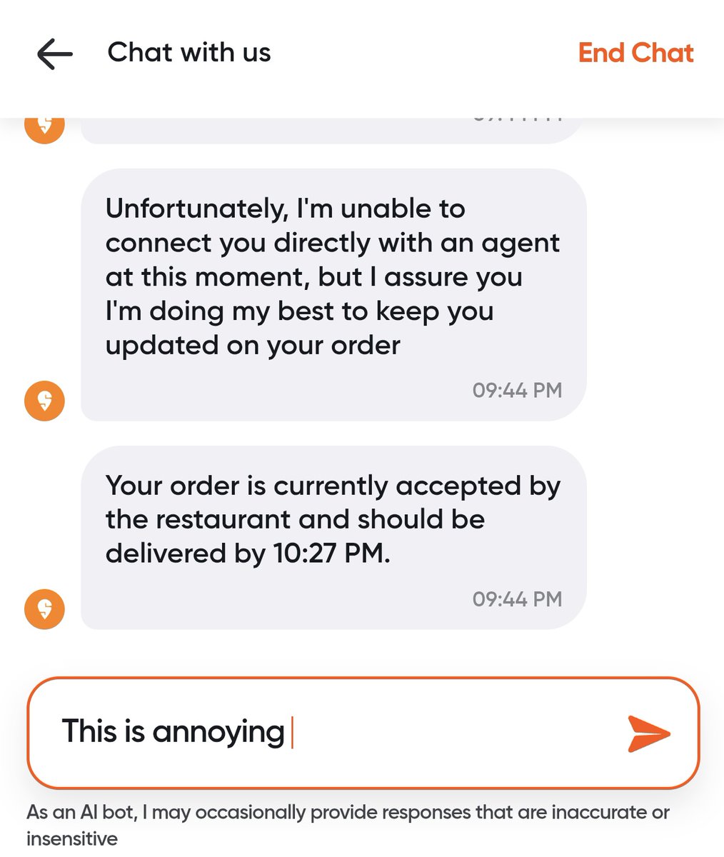 Really need to sue Swiggy, Zomato for blocking access to customer service by using AI in the name of customer service. 

Waste of time and frustrating.