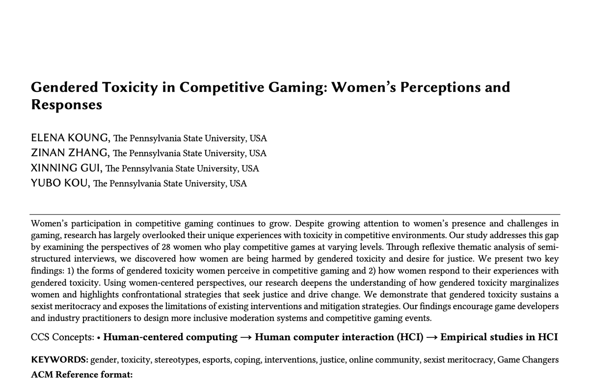 SUPER EXCITED to share that my 1st first-authored work, "Gendered Toxicity in Competitive Gaming: Women's Perceptions and Responses" has been accepted to #CHIPLAY2025 🥳 where i will be presenting and published Oct 2025 !