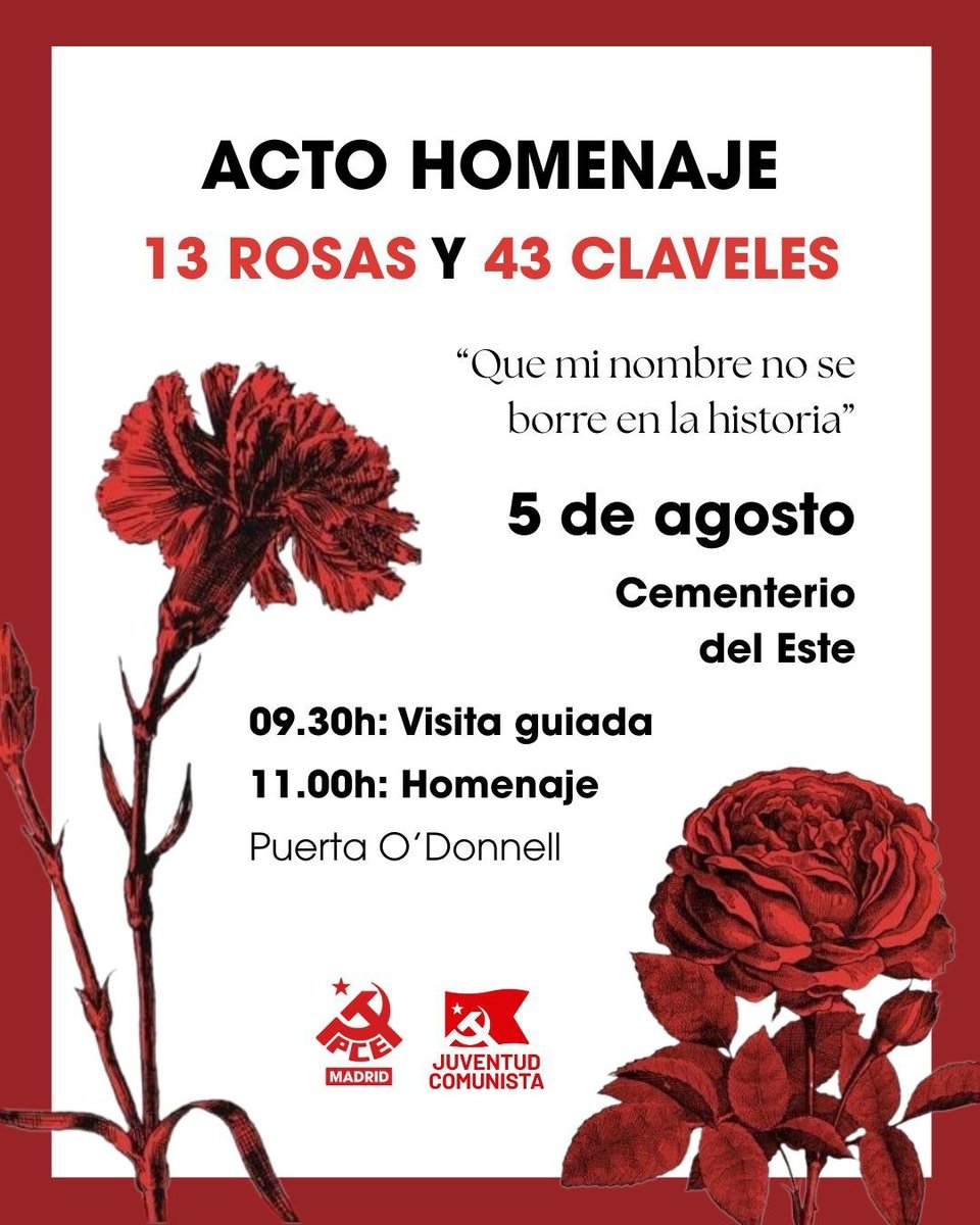 MIS NIÑOS ROBADOS (@bebes_robados_) on Twitter photo ACTO HOMENAJE 5/08/25
Un año más <a href="/BEBES_ROBADOS_/">MIS NIÑOS ROBADOS</a> nos unimos al homenaje a "las 13 Rosas y 43 Claveles", asesinados el 5 de agosto de 1939 por defender la legalidad republicana.
¡Que sus nombres jamás se borren en la historia ni de nuestra memoria!
<a href="/elpcm/">Partido Comunista de Madrid</a> <a href="/UJCE_cc/">Juventud Comunista</a> <a href="/emhyvf17102015/">ENCUENTRO MEMORIA DEMOCRÁTICA VÍCTIMAS FRANQUISMO</a> ACTO HOMENAJE 5/08/25
Un año más <a href="/BEBES_ROBADOS_/">MIS NIÑOS ROBADOS</a> nos unimos al homenaje a "las 13 Rosas y 43 Claveles", asesinados el 5 de agosto de 1939 por defender la legalidad republicana.
¡Que sus nombres jamás se borren en la historia ni de nuestra memoria!
<a href="/elpcm/">Partido Comunista de Madrid</a> <a href="/UJCE_cc/">Juventud Comunista</a> <a href="/emhyvf17102015/">ENCUENTRO MEMORIA DEMOCRÁTICA VÍCTIMAS FRANQUISMO</a>