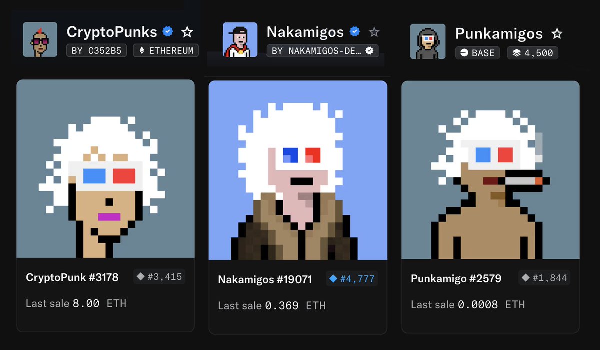 PunkDotComputer's tweet image. There is a lineage:

2017 - Cryptopunks.
2023 - Nakamigos. 
2025 - Punkamigos.

Each of them were a new kid on the blockchain at one point. Introducing a communal sense of identity around iconic pixel art.

We are all Punks, we are all Migos!