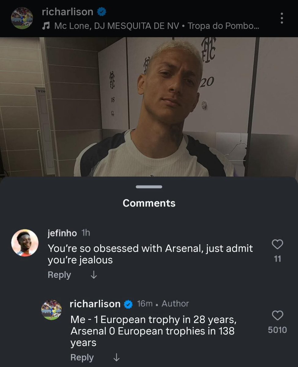 NLAHamilton's tweet image. Richarlison continues to provoke Arsenal fans on Instagram… 👀
