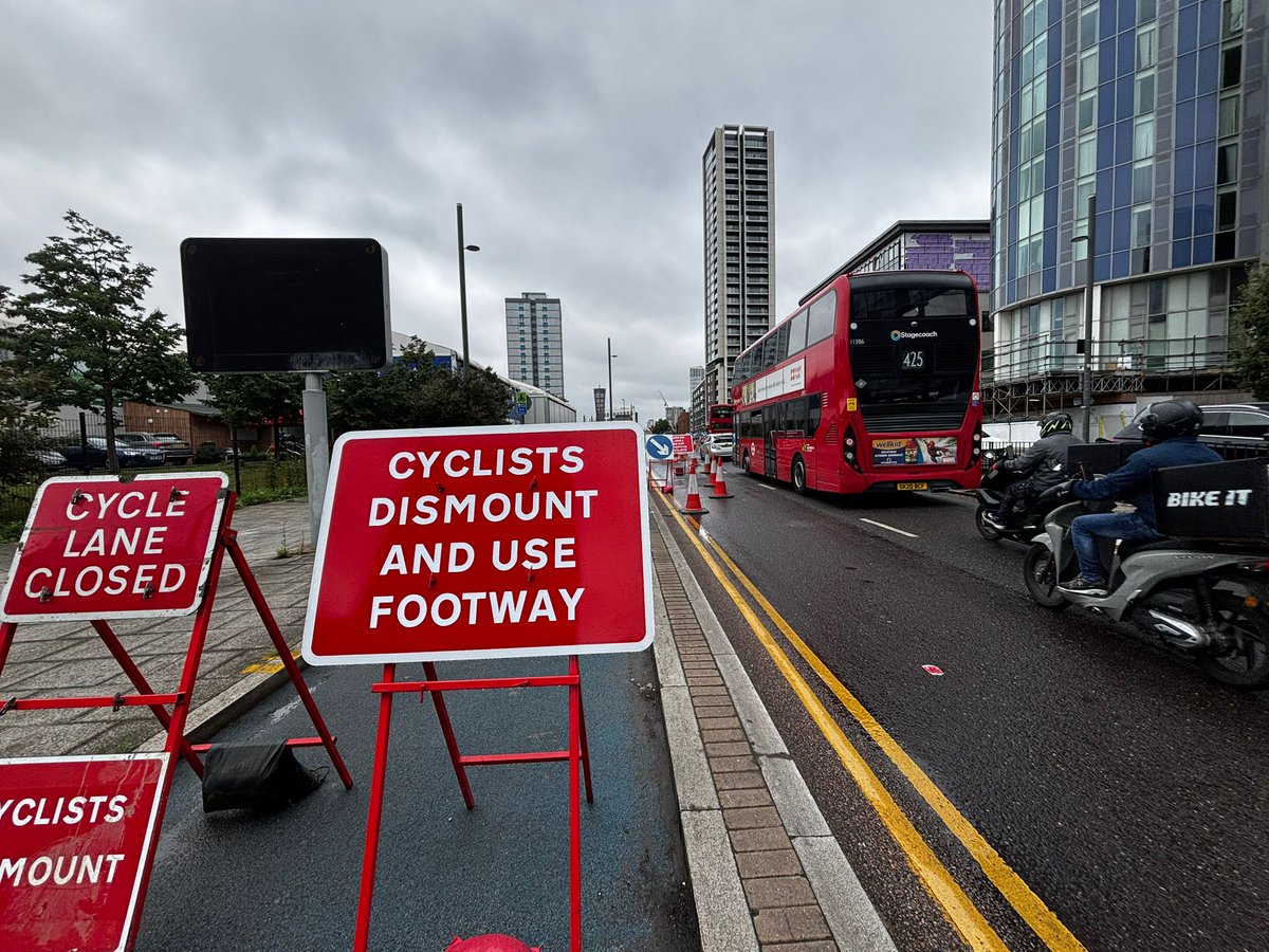 The closure by <a href="/thameswater/">Thames Water 💧</a> of <a href="/TfL/">TfL</a> Cycleway 2 on Stratford High Street (and even more of the #Greenway) this week is shockingly dangerous. We have written to them to demand it is fixed before children return to school in September. newhamcyclists.uk/letter-to-tham…