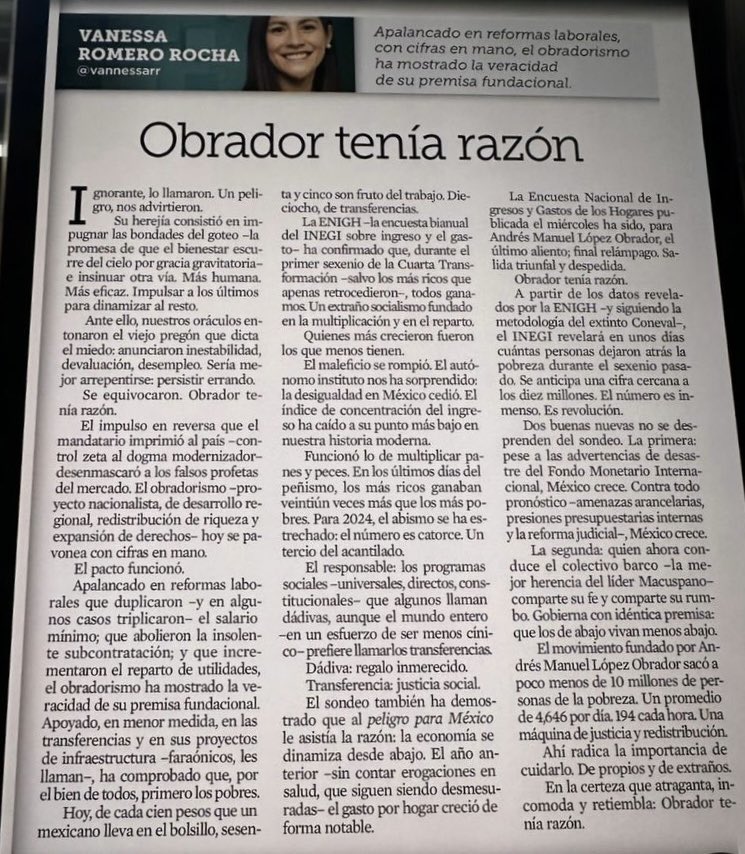 Invito a leer este excelente artículo de Vanessa Romero, <a href="/vannessarr/">Vanessa Romero Rocha</a>, sobre el éxito de la estrategia económica y social del querido expresidente Andrés Manuel López Obrador, publicado en el diario <a href="/Reforma/">REFORMA</a>.
