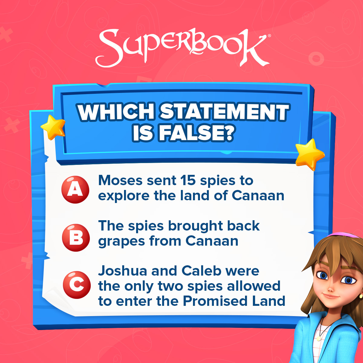 SuperbookTV's tweet image. It’s #WhichStatementIsFalse time! 📖

Can you spot the statement that’s not true about the story of the spies in the Bible? Drop your answer in the comments! 🤔⬇️👀

#GameTime #BibleGames #GamesForKids #SuperbookGames