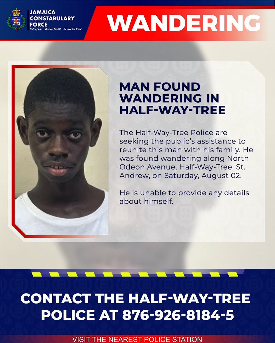 The Half-Way-Tree Police are seeking the public’s assistance to reunite this man with his family. He was found wandering along North Odeon Avenue, Half-Way-Tree, St. Andrew, on Saturday, August 02. He is unable to provide any details about himself.

Anyone with information that