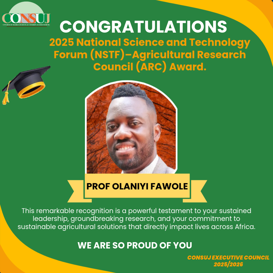 CONSUJ1's tweet photo. CONSUJ congratulates Prof. Olaniyi Fawole on winning the 2025 NSTF–ARC Award! 🇳🇬👏

Your innovation in agricultural research is a beacon of Nigerian brilliance. 

#CONSUJ #NSTFAwards2025 #ProudlyNigerian #UJ #ProfFawole #ScienceForImpact https://t.co/yoqRsx7SNg