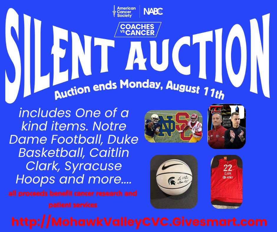 Coaches vs. Cancer-Upstate NY (@cvcupstateny) on Twitter photo Some great packages available in our auction! <a href="/CaitlinClark22/">Caitlin Clark</a> Signed Jersey. Duke Texas Tech at MSG and more!!
#NotreDame <a href="/Cuse_MBB/">Syracuse Men’s Basketball</a> #cusefamily #Sparty #BillsMafia #RedSox #Yankees #CoachesvsCancer Some great packages available in our auction! <a href="/CaitlinClark22/">Caitlin Clark</a> Signed Jersey. Duke Texas Tech at MSG and more!!
#NotreDame <a href="/Cuse_MBB/">Syracuse Men’s Basketball</a> #cusefamily #Sparty #BillsMafia #RedSox #Yankees #CoachesvsCancer