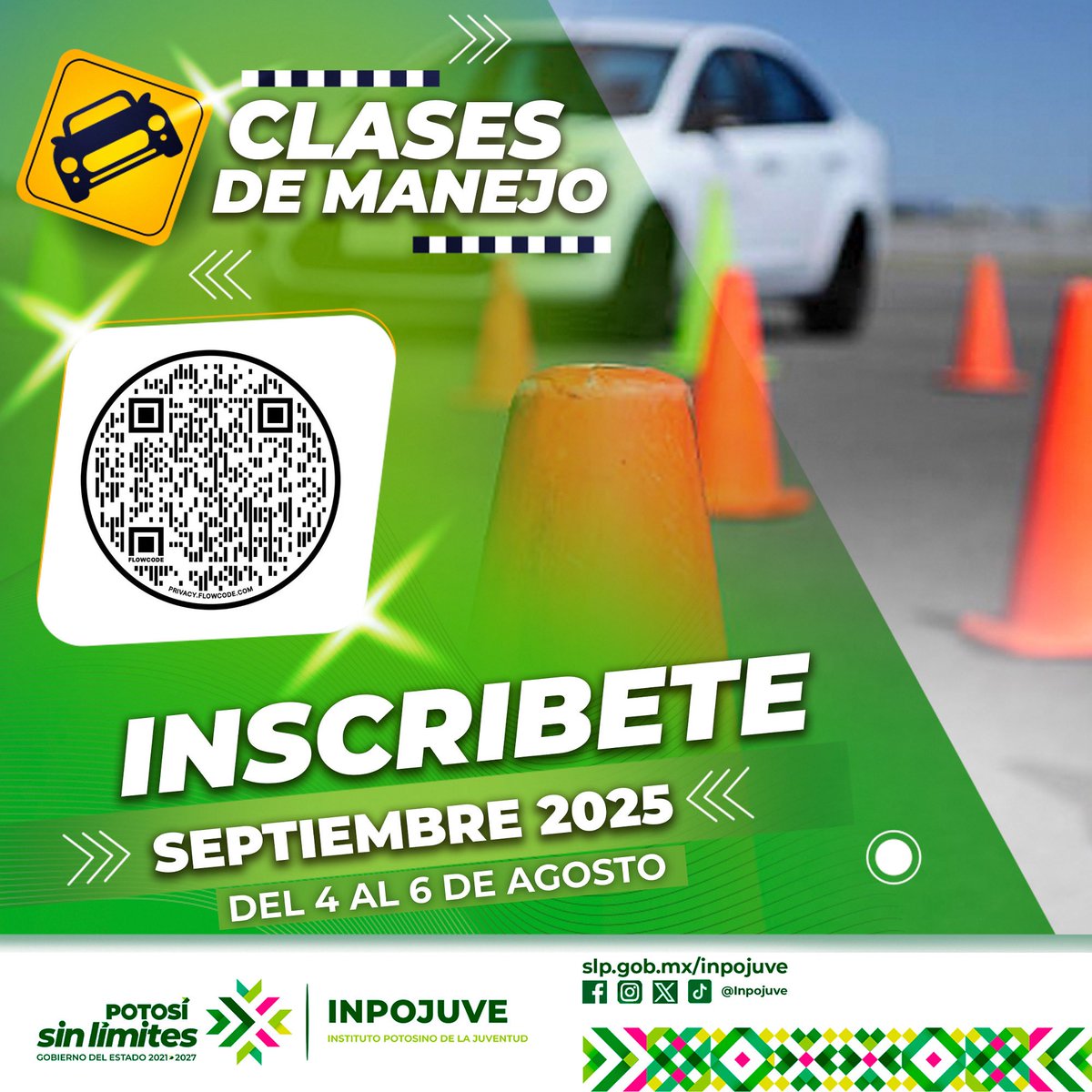 Instituto Potosino de la Juventud (@inpojuve_) on Twitter photo 🚗💚 ¡“Jóvenes al Volante” regresa este septiembre!
📅 Inscripciones: 4 al 6 de agosto
🕘 De 9 a.m. a 3 p.m. en Inpojuve
📍Av. Salvador Nava #50
Curso semanal (18 ago) y sabatino (30 ago)
👥 Jóvenes de 15 a 29 años
💲 $641 de recuperación
Gracias al gobernador <a href="/RGC_Mx/">Ricardo Gallardo Cardona 🇲🇽</a> 🚗💚 ¡“Jóvenes al Volante” regresa este septiembre!
📅 Inscripciones: 4 al 6 de agosto
🕘 De 9 a.m. a 3 p.m. en Inpojuve
📍Av. Salvador Nava #50
Curso semanal (18 ago) y sabatino (30 ago)
👥 Jóvenes de 15 a 29 años
💲 $641 de recuperación
Gracias al gobernador <a href="/RGC_Mx/">Ricardo Gallardo Cardona 🇲🇽</a>