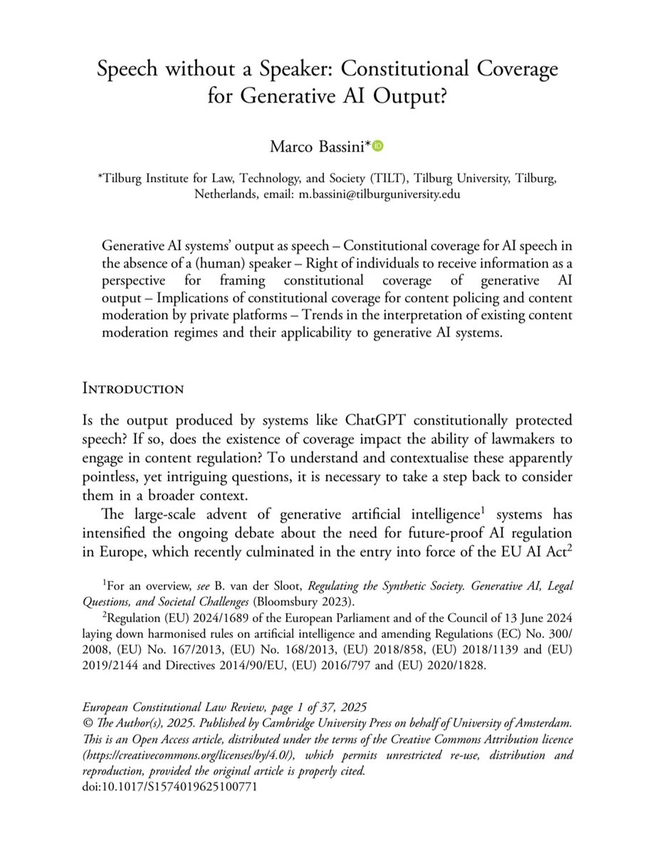 Giuseppe Martinico (@martinicogi) on Twitter photo Just read this brilliant piece in EuConst — “Speech without a Speaker: Constitutional Coverage for Generative AI Output” by <a href="/marcobassini/">Marco Bassini</a>. Sharp, timely, and thought-provoking. cambridge.org/core/journals/… Just read this brilliant piece in EuConst — “Speech without a Speaker: Constitutional Coverage for Generative AI Output” by <a href="/marcobassini/">Marco Bassini</a>. Sharp, timely, and thought-provoking. cambridge.org/core/journals/…
