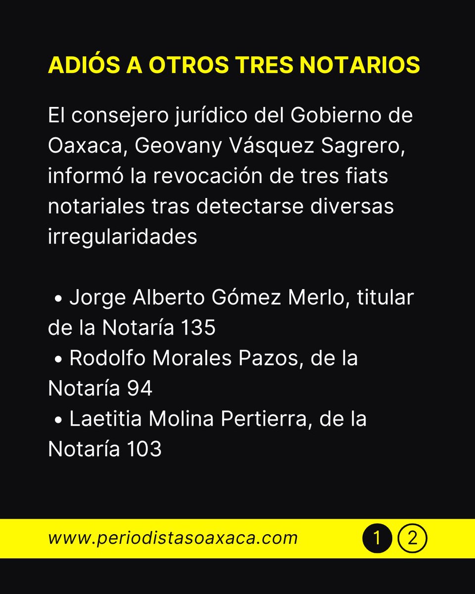 🔴 🆘 Revocan más fiats notariales por irregularidades en Oaxaca ‼️

El gobierno de Oaxaca revocó tres fiats notariales al confirmar irregularidades en su otorgamiento. Se trata de las patentes:
•Fiat 135 de Jorge Alberto Gómez Merlo
•Fiat 94 de Rodolfo Morales Pazos
•Fiat 103