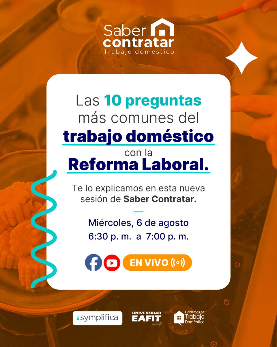 📣¡Pilas! Agéndense para este 6 de agosto con #Sabercontratar . 😁En 30 minutos resolvemos con <a href="/symplifica_/">Symplifica</a>   y el Consultorio Jurídico de <a href="/EAFIT/">Universidad EAFIT</a> ,  las preguntas más frecuentes del #trabajdoméstico  con la #ReformaLaboral . 
📺Nos puedes ver en Facebook:
bit.ly/SaberContratar…