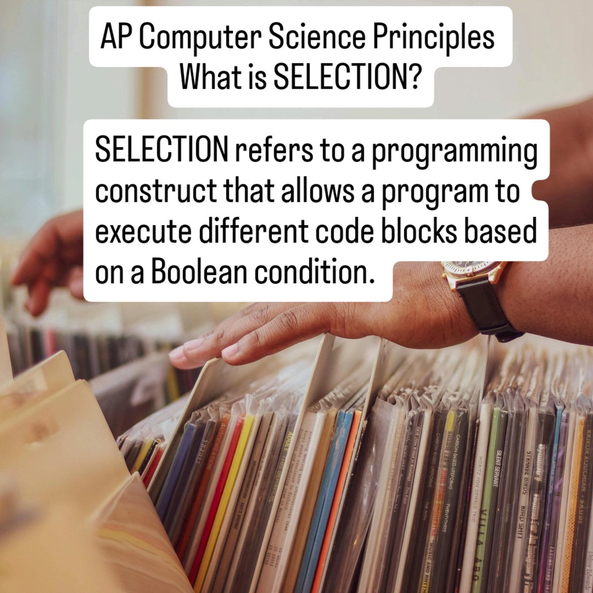 masterhun1's tweet image. AP Computer Science Principles 
What is SELECTION?
#apcomputerscienceprinciples #computerscience #coding