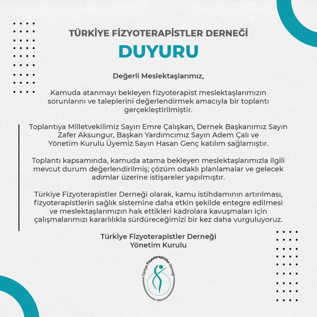 Kamuda atanmayı bekleyen fizyoterapist meslektaşlarımızın sorunlarını ve taleplerini değerlendirmek amacıyla bir toplantı gerçekleştirilmiştir.

Toplantıya; Milletvekilimiz Sayın Emre Çalışkan, Dernek Başkanımız Sayın Zafer Aksungur, Başkan Yardımcımız Sayın Adem Çalı ve Yönetim