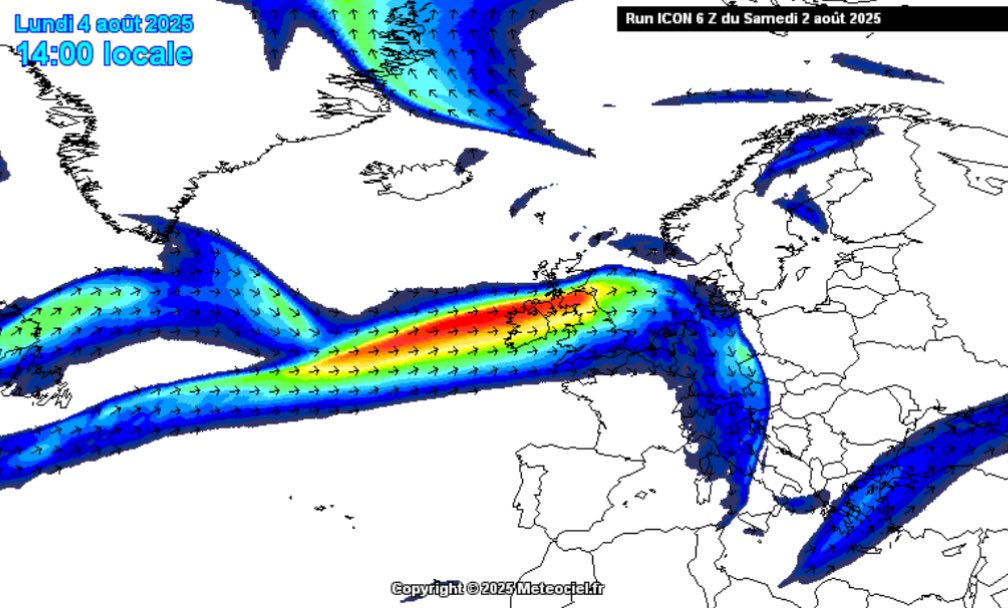 VigipreventionM's tweet photo. ⚠️💨•Assez rare pour la période de l'année, une #tempête est prévue depuis le #Connemara (#Irlande), en passant par l'#Écosse, jusqu'au sud de la #Norvège ce lundi. Elle s'accompagne d’un temps #instable et #venteux entre le #Groenland et l’#Islande, dû à une impressionnante chute de géopotentiel observée aujourd’hui et attendue demain. Le cœur de la #dépression pourrait atteindre -975 hPa, tandis que la pression est bien plus élevée à l’ouest de l’Islande, autour de 1010/1015 hPa. Cette instabilité sera amplifiée par un jet-stream extrêmement puissant, propulsant rapidement le système vers l’#Europe du #Nord. Cela pourrait générer une nouvelle #dépression très marquée, de forme rotative, entraînant un fort cisaillement vertical des #vents et impactant les régions situées plus au nord.
🚨•Ce type de configuration est plus typique de l’#automne, avec de fortes rafales de #vent, voire des tempêtes. Il est donc assez rare d’observer une telle situation en été, d’autant plus au vu de la puissance des rafales attendues et des précipitations marquées.
💨• Il est encore trop tôt pour déterminer avec précision les zones concernées ainsi que l’intensité exacte des #rafales, l’échéance étant encore située entre 24H et 48H avant l’événement. Pour l’heure:
💨• 90-110km/h: Connemara et l’#Irlande du Nord, Sud de l’Ecosse et le Sud-Ouest de la Norvège.
⚠️💨• 110-130km/h: Sur le Nord de l’Ecosse et les côtes de la Norvège.
⚠️💨• 130-155km/h: Sur les côtes Écossaises et les monts Grampians.
🌧️• 40-70mm/12h sur l’Ouest de l’Ecosse.
{@ wxcharts - @ meteociel}