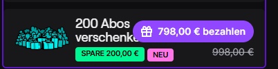 Wundertuete7's tweet photo. Klasse Twitch, jetzt kann man 200 Subs aufeinmal giften, (einige User können es noch nicht.) aber die Preise sind Unterschiedlich bei den Usern ? Das ist eine große Differenz, meiner Meinung nach. 
Könnt ihr schon 200 Subs giften, wenn ja, welcher Preis steht bei euch? https://t.co/Bs1IJ5qNVL