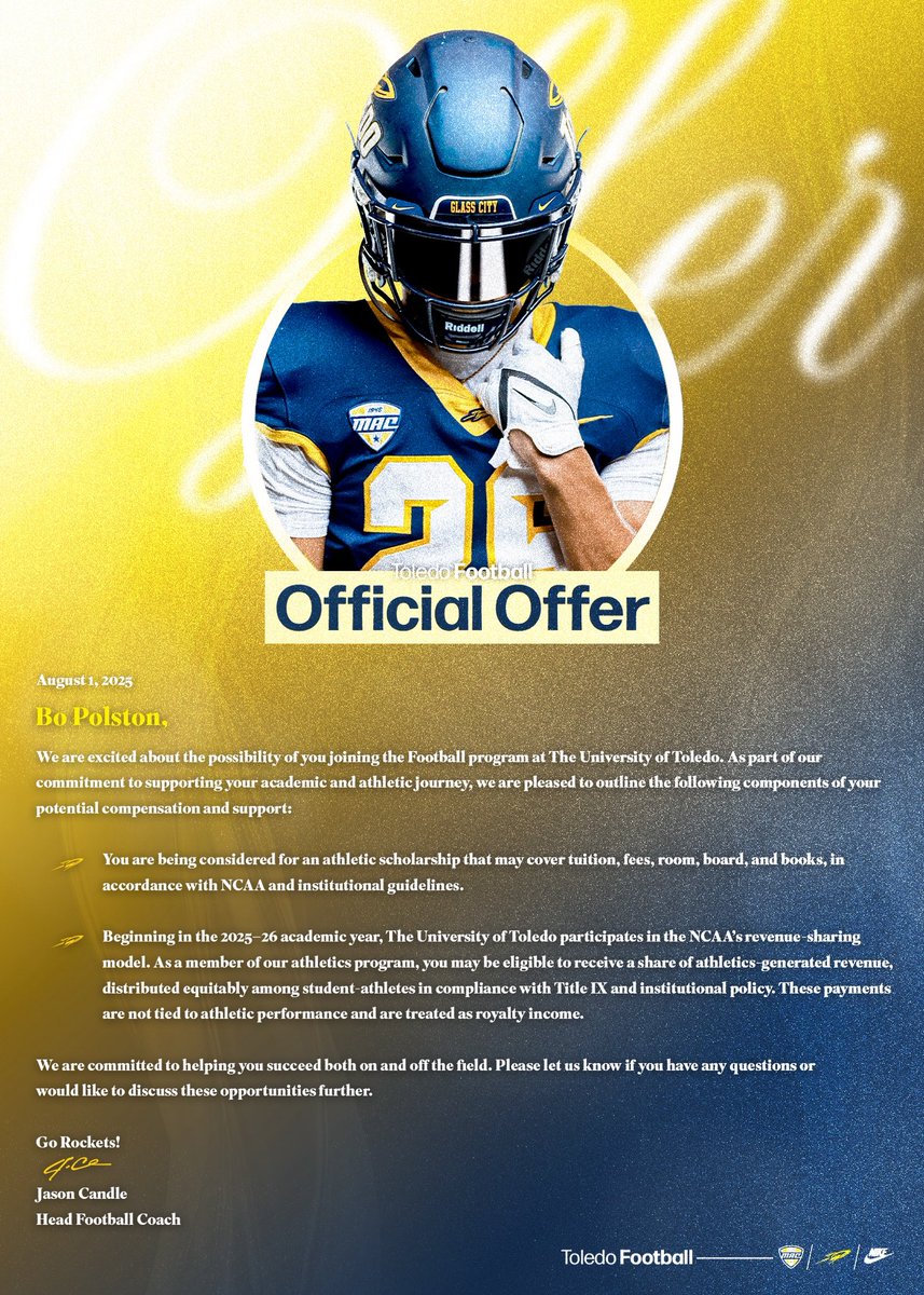 Officially Official!! Go Rockets🚀
<a href="/CoachCandle/">Jason Candle</a> <a href="/ToledoFB/">Toledo Football</a> <a href="/ToledoQBs/">Robert Weiner</a> <a href="/DCHawkFootball/">DCHS Football</a> <a href="/xfactorQB/">Anthony Morelli: X-Factor QB Academy</a> <a href="/KyleNeddenriep/">Kyle Neddenriep</a> <a href="/IndianaPreps/">Indiana Preps</a> <a href="/dustinpolston12/">@DustinPolston12</a>
