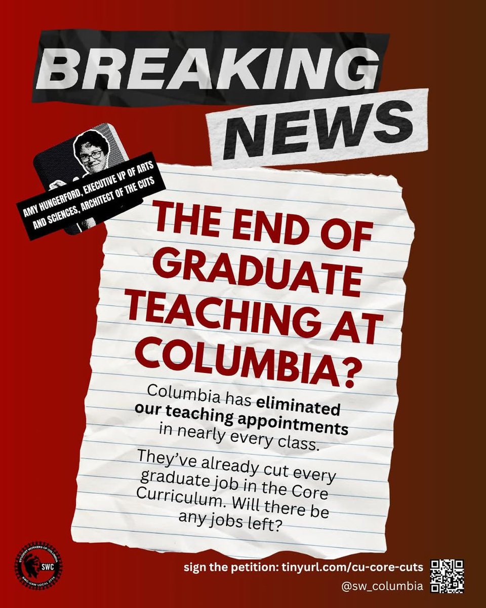 CU Apartheid Divest (CUAD) (@columbiabds) on Twitter photo Columbia has axed nearly all grad teaching jobs, including every Core Curriculum position. Ph.D. students risk losing funding. Grad workers call it the end of graduate teaching at Columbia. Sign the petition: tinyurl.com/cu-core-cuts <a href="/SW_Columbia/">Student Workers of Columbia</a> Columbia has axed nearly all grad teaching jobs, including every Core Curriculum position. Ph.D. students risk losing funding. Grad workers call it the end of graduate teaching at Columbia. Sign the petition: tinyurl.com/cu-core-cuts <a href="/SW_Columbia/">Student Workers of Columbia</a>