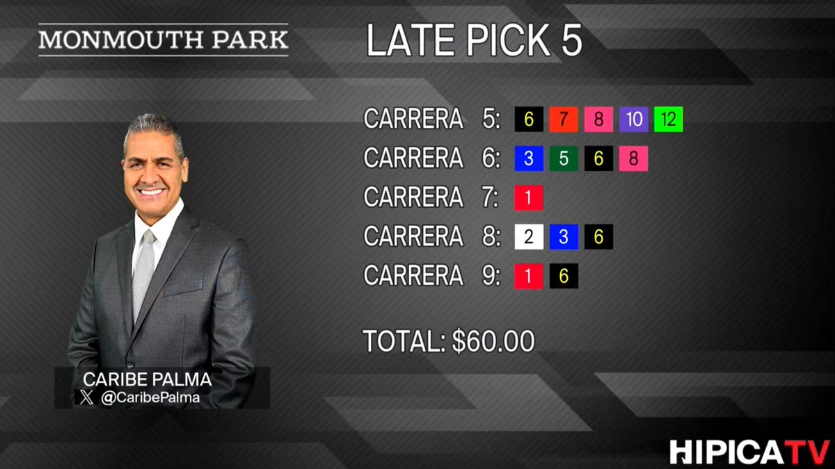 #MonmouthPark Sábado 2 de Agosto de 2025:
✅️ 9 carreras, 12:50PM ET post time.
✅️ Pronósticos del día.
✅️ Tickets para el Early Pick5 y Late Pick5.
#SomosHípicaTV