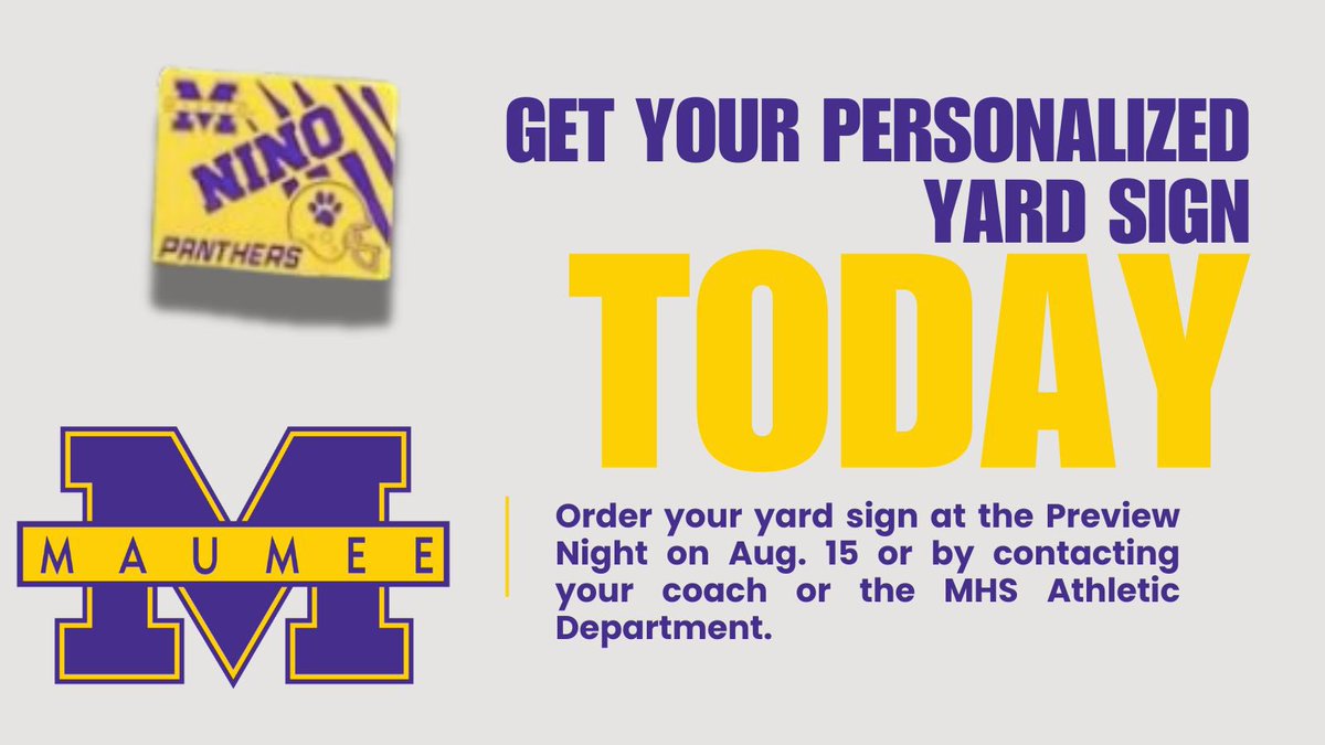 Personalized yard signs are back on sale this year! Pre-order yours for $20 at the Preview Night on Aug. 15 or contact your coach/MHS athletic dept.