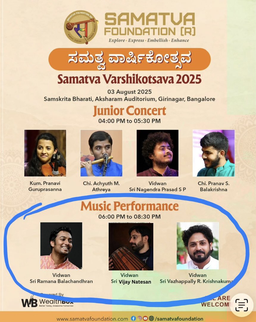 Concert tomorrow (3rd August) in Bengaluru. Thanks to Vijay Natesan Anna for filling in at such a short notice.