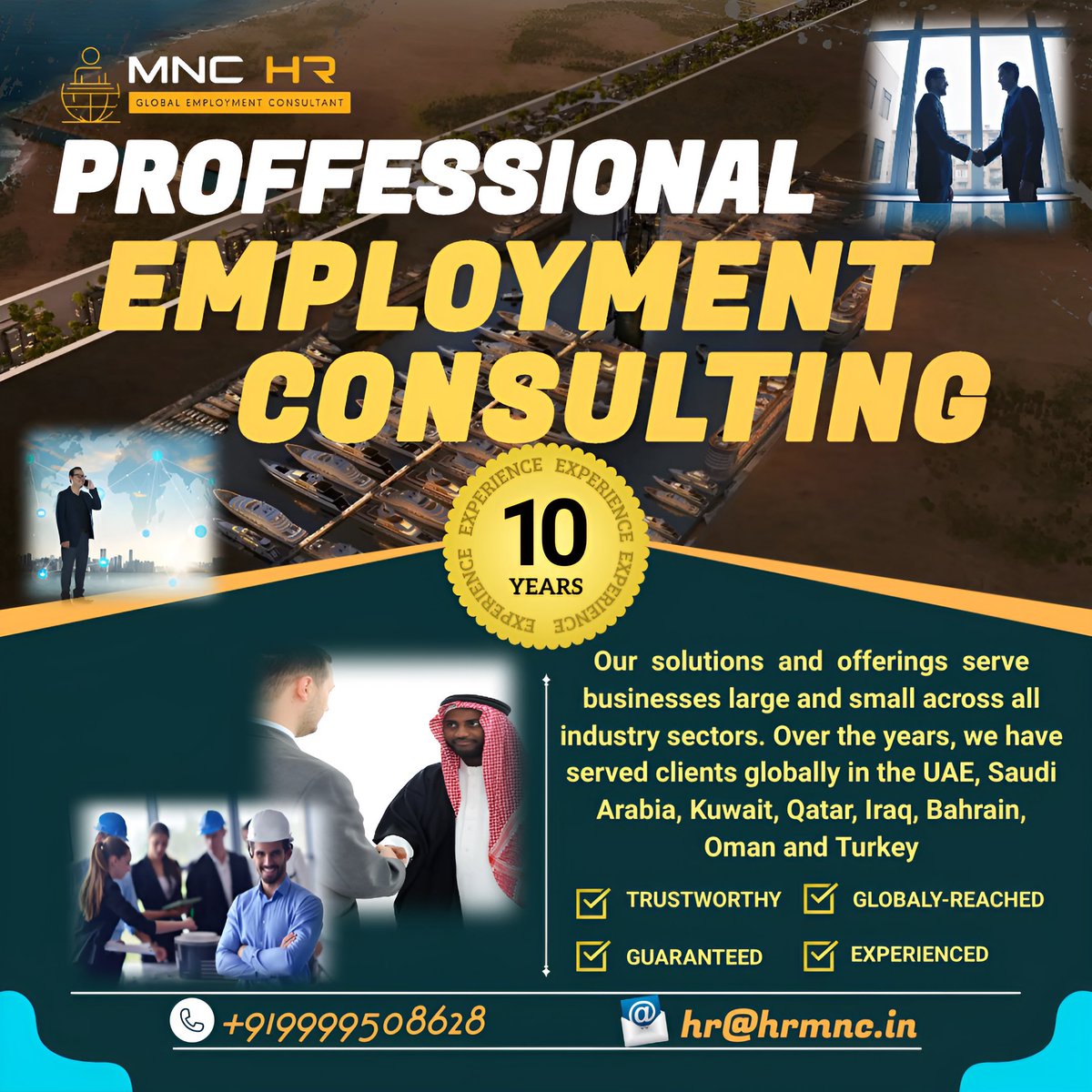 السلام عليكم ورحمة الله وبركاته 
نحن شركة عالمية معتمدة للتوظيف والاستعانة بمصادر خارجية للقوى العاملة ومعتمدة من حكومة الهند، ونخدم العملاء في جميع أنحاء العالم. إذا كانت شركتك تحتاج إلى قوة عاملة موهوبة، وعمال ماهرين وغير ماهرين، ومهندسين، وفنيين، وسائقين، ومشغلين، وما إلى ذلك،