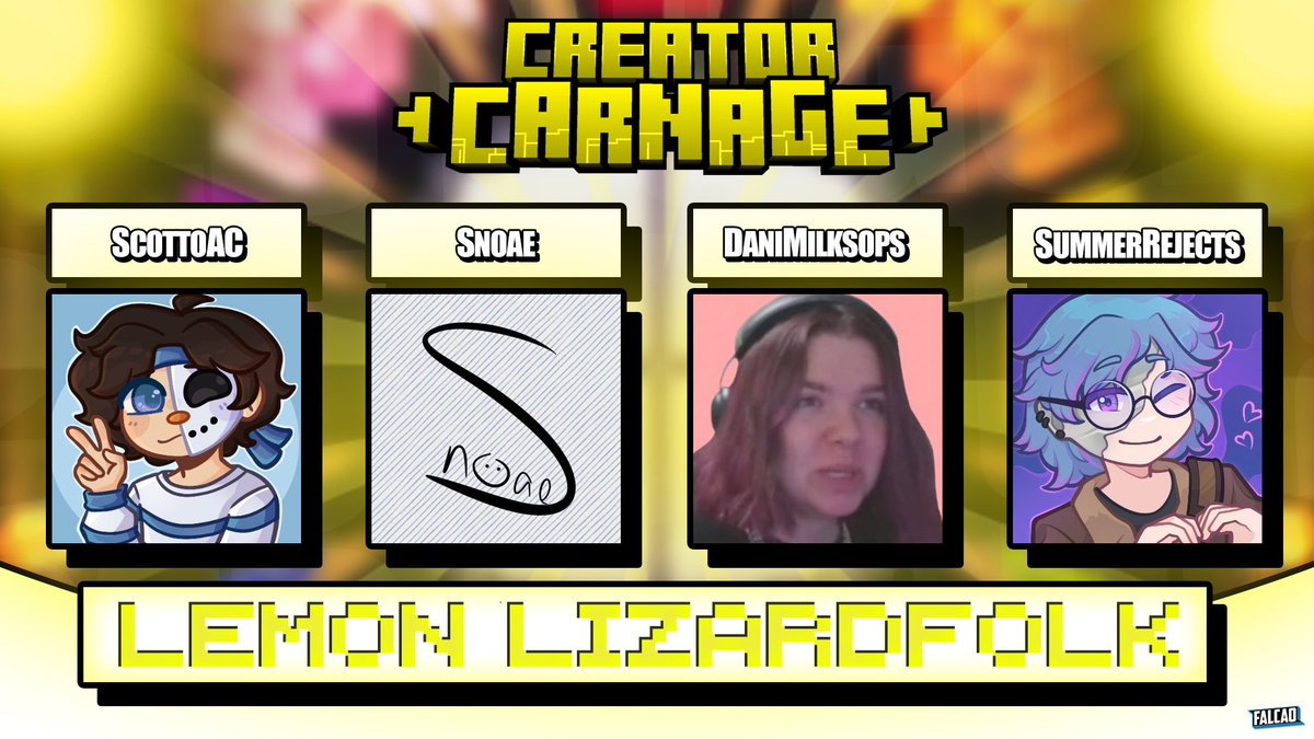 Introducing the Lemon Lizardfolk!

<a href="/scottoac/">Scotto</a> <a href="/SnoaeCone/">Snoae</a> <a href="/DaniMilksops/">Dani Milksops 🥛</a> <a href="/SummerRejects/">Bex ✨</a> 

Watch them create carnage on Saturday 9th August at 3pm EST / 8pm BST!