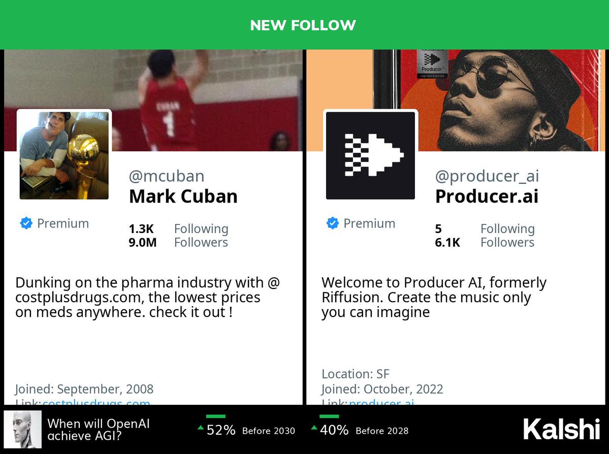 🆕 <a href="/mcuban/">Mark Cuban</a> has started following <a href="/producer_ai/">Producer.ai</a>