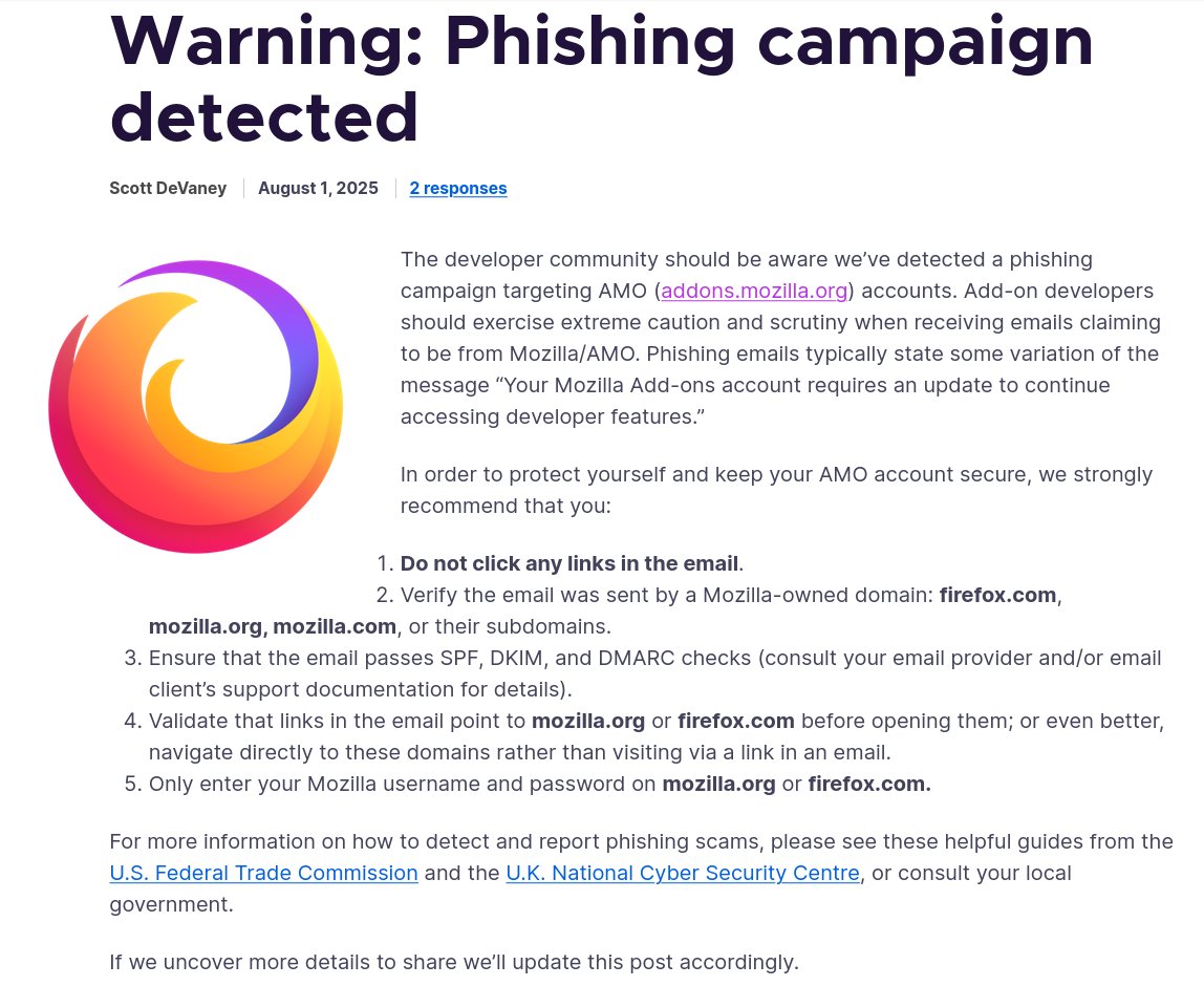 Mozilla avertit d'une campagne de phishing en direction des développeurs et développeuses d’extension sur #AMO addons.mozilla.org et donne ces conseils : blog.mozilla.org/addons/2025/08…