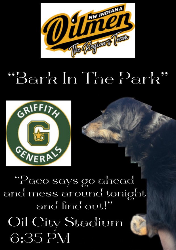 Hammond Central Wolves Baseball (@hcwolvebaseball) on Twitter photo Last time to see The Oilmen at Oil City Stadium in the 2025 regular season tonight. Your dog wants to see them play to, so bring them out! It’ “Bark In The Park”! 🛢️👷♂️⚾️🐶 Last time to see The Oilmen at Oil City Stadium in the 2025 regular season tonight. Your dog wants to see them play to, so bring them out! It’ “Bark In The Park”! 🛢️👷♂️⚾️🐶