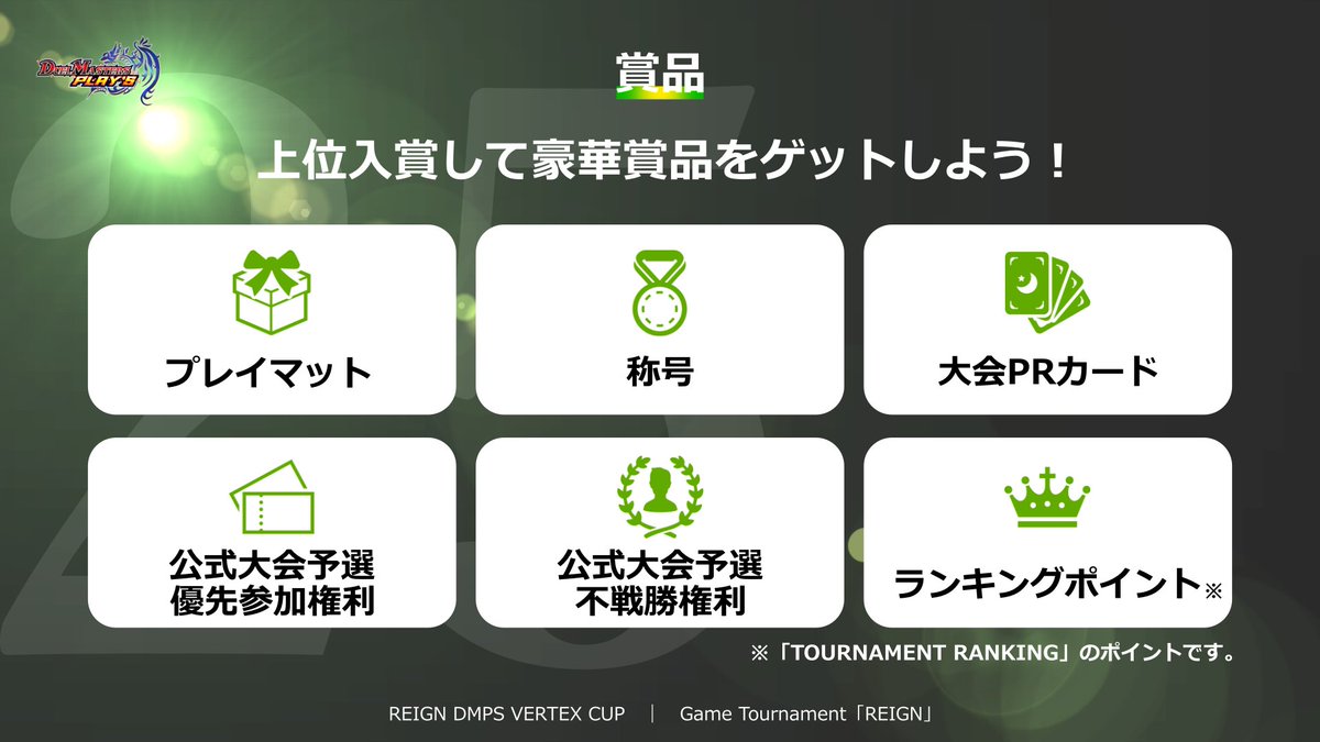 【デュエプレ公認大会】
「REIGN DMPS VERTEX CUP 2025 Autumn vol.4」
日時：8月17日(日)21:00~
賞品：公認大会サポート
参加条件：大会ページからのエントリー、エントリー時のデッキ提出

▼エントリーはこちら
tonamel.com/competition/09…
#デュエプレ #REIGN_DMPSt #gtREIGN