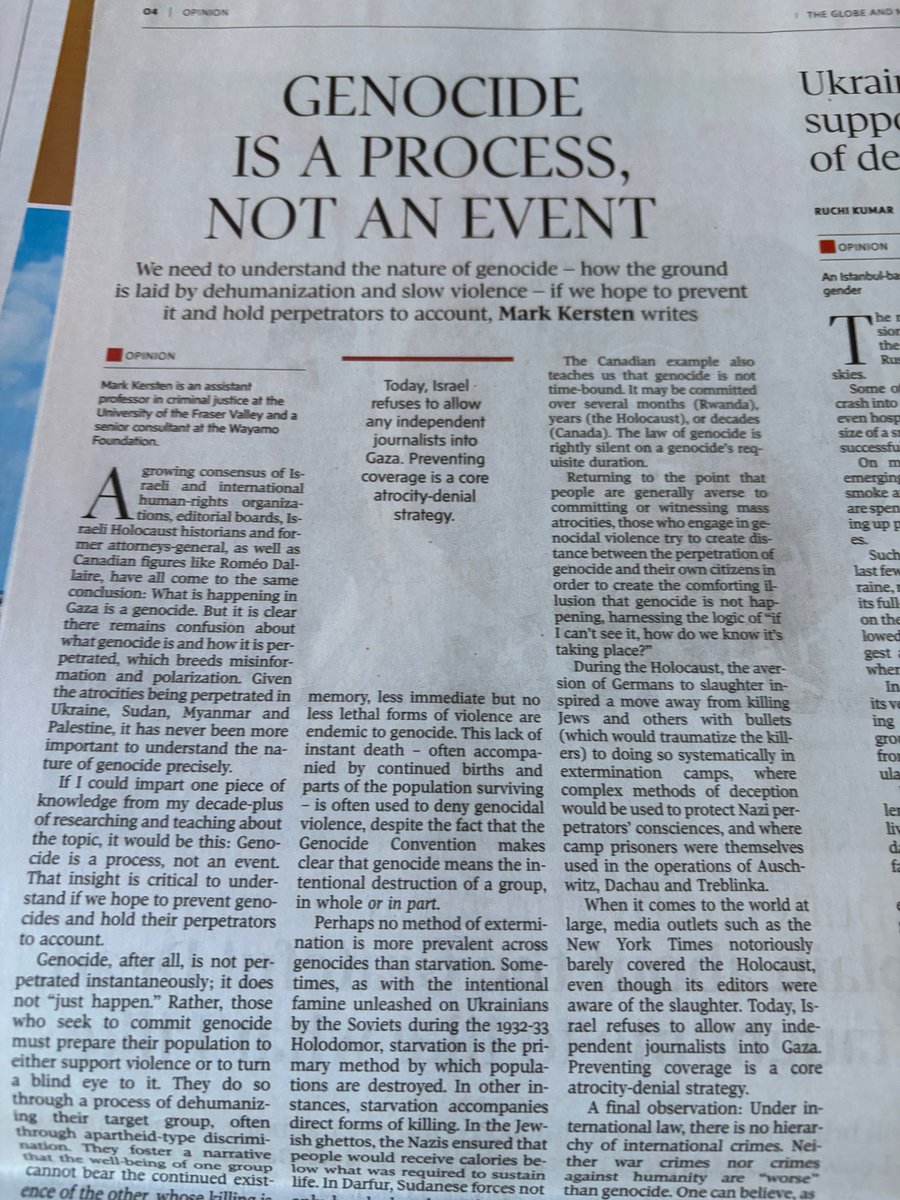 Very glad to see my article, "Genocide is a process, not an event", in the Globe and Mail's print edition this weekend.

It's also available here, online: theglobeandmail.com/opinion/articl… #Gaza