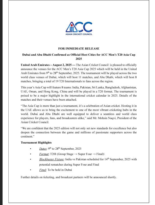 आधिकारिक बयान भारत पाकिस्तान के बीच क्रिकेट मैच होगा दुबई में  14 सितंबर को 
#icc #bcci #IndVsPak