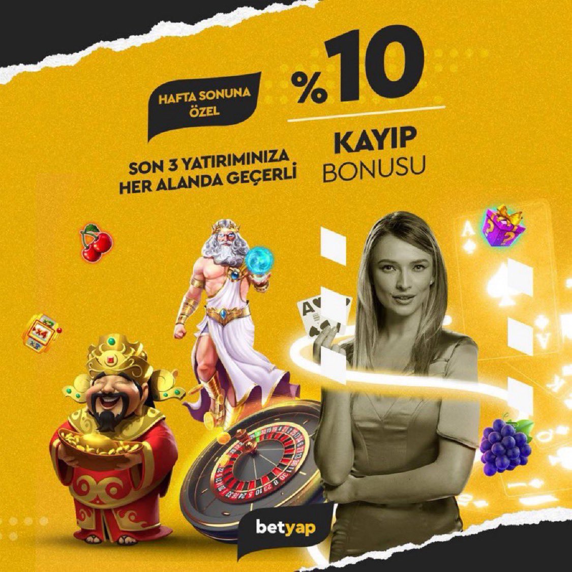 🔥Betyap haftasonunda da kazandırıyor!
Cumartesi ve Pazar günleri yapacağınız 3 adet yatırım işleminizin olası kaybına maksimum 2.000 TL’ye kadar %10 kayıp bonusu Betyap’ta.
Hemen oyna, hemen kazan!🎁
👉 rebrand.ly/8b8c40